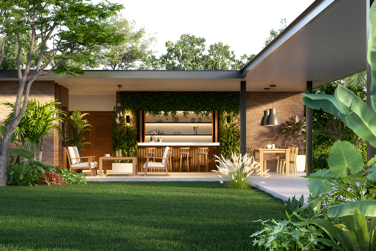 Complete outdoor living space with kitchen and fire pit